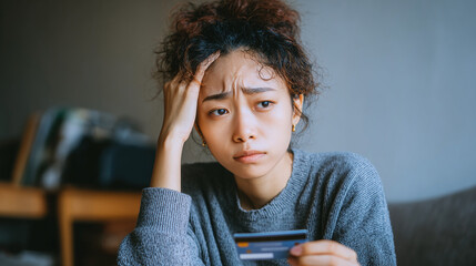 A worried woman holds a credit card, expressing financial stress. Her expression reflects concerns about debt and money. 