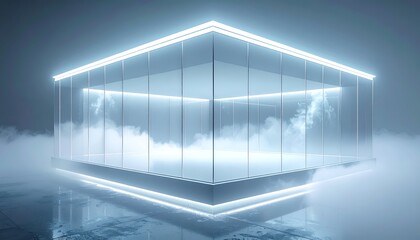Fototapeta premium Boxy glass structure emitting neon light, filled with ethereal mist