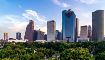 Fototapeta premium A city skyline with skyscrapers and green trees under a blue sky