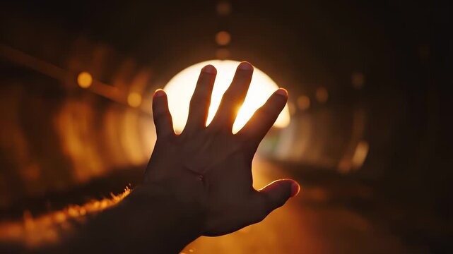 A man reaches out with his hand towards the warm glowing light at the end of a dark tunnel, symbolizing hope and new beginnings. The tunnel's darkness contrasts sharply with the light, emphasizing the