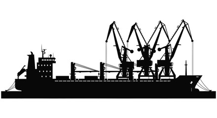 A striking black silhouette of a large cargo ship with cranes at a harbor silhouette © AL-AMIN