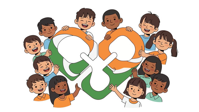 Vector illustration of diverse children celebrating Republic Day India with a puzzle flag character design on a white background.