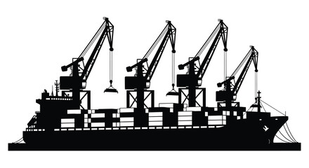 A striking black silhouette of a large cargo ship with several industrial cranes alongside it silhouette © AL-AMIN