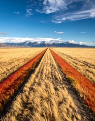 Long vanishing road through grassy plain leads to snow-capped mountains