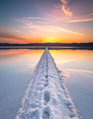 Sunset view of a salt-crusted pathway leading across reflective water