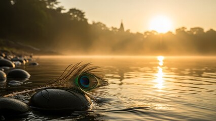 Serene lake scene with peacock feather at sunrise.