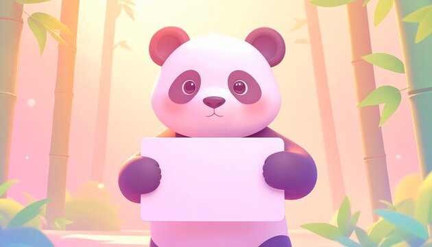 Panda Holding Blank Sign in Green Bamboo Forest