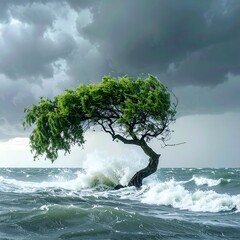 Windswept tree battles the ocean during a stormy day, grey skies looming