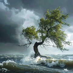 Lone tree struggles against stormy sea under ominous, dark clouds