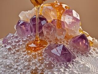 Honey pouring over amethyst and quartz crystals in a bed of bubbles