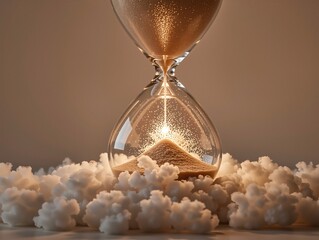 Hourglass with glittering sand falling, sitting on white clouds