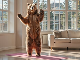 Large brown bear standing upright on a pink yoga mat in a bright room