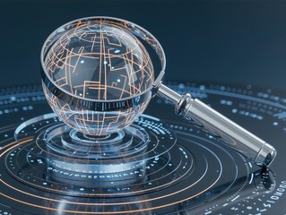 Magnifying Glass with Glowing Circuit Globe on a Futuristic Platform