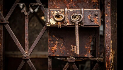 Close-up of an old, heavily rusted lock and key on a metal gate, showcasing textures and details of age and decay