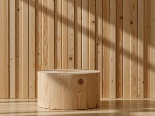 Light wooden cylindrical pedestal with natural shadows on slatted wall