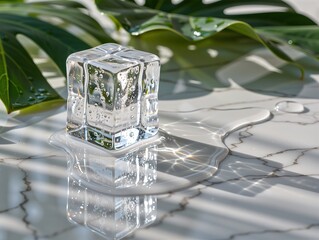 Melting ice cube with bubbles on white marble and green leaves