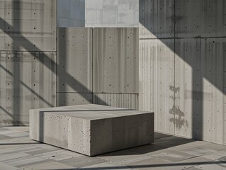 Minimalist concrete stage with geometric shadows and textured walls