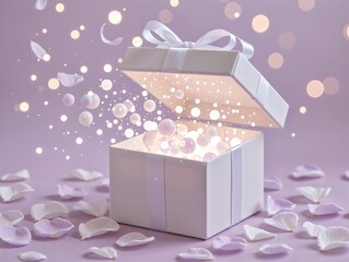 Open gift box with glowing bubbles and flying petals on a lavender background.