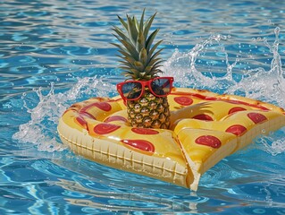Pineapple in red sunglasses on a pizza float in swimming pool water