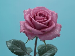 Pink rose with water droplets on petals against a blue background