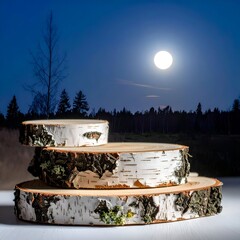 Birch wood tiers illuminated by a bright moon in a forest setting at night