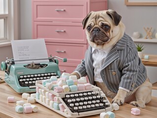 Pug dog in striped suit sitting at desk with marshmallows and typewriter.