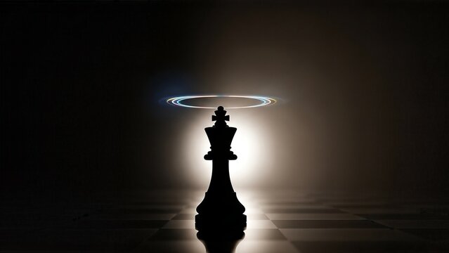Silhouette of a chess king piece with halo on a dark background.