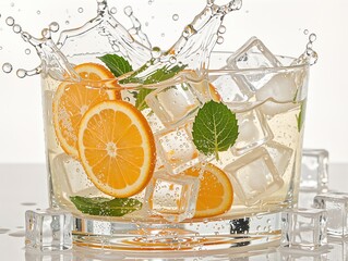 Water splash in a glass with orange, ice, and mint leaves