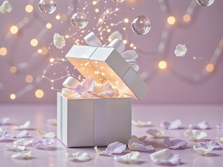 White gift box with ribbon, glowing lights, flower petals, and bubbles
