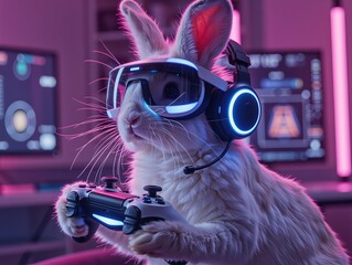 White rabbit wearing VR glasses and headphones, holding game controller
