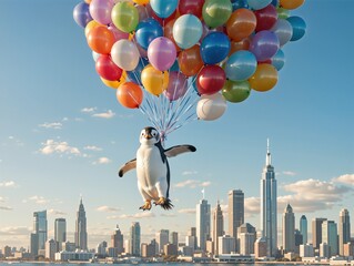 a flying penguin with colorful balloons above city skyline