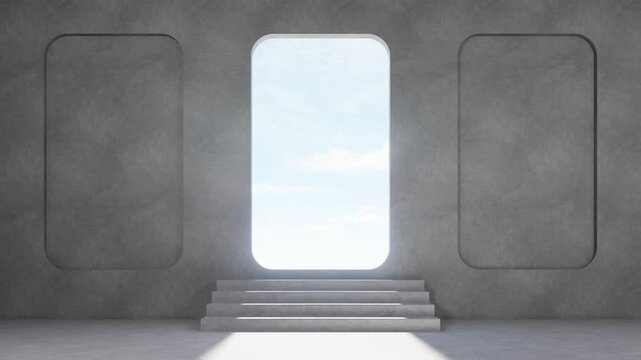 Minimal concrete interior with stairs leading to bright doorway and soft daylight, abstract architectural space symbolizing hope, freedom and new beginning, 3d rendering