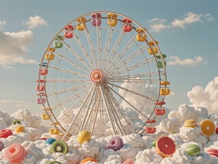 Colorful Ferris wheel with candy and fruit in whipped cream under sky