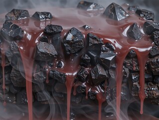 Dark jagged rocks dripping with viscous red liquid and rising smoke
