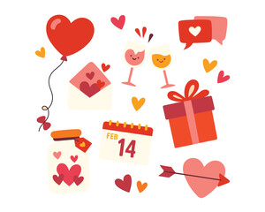 Vector illustration of a romantic Valentine's Day pattern featuring a set of red and pink gift boxes decorated with hearts and ribbons for a holiday celebration card design