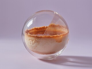Dessert in open glass sphere with caramel topping on a solid purple background