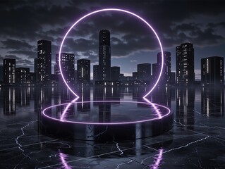 Dark urban cityscape with neon purple circle and product display pedestal