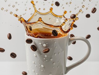 Dynamic coffee splash with flying beans and droplets over a white mug