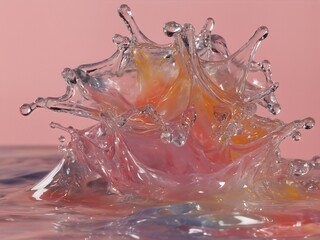 Dynamic liquid splash with colorful hues against a pink background