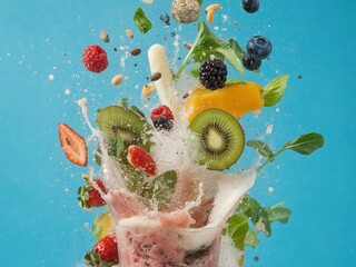 Dynamic fruit and berry smoothie splash with nuts and greens on blue