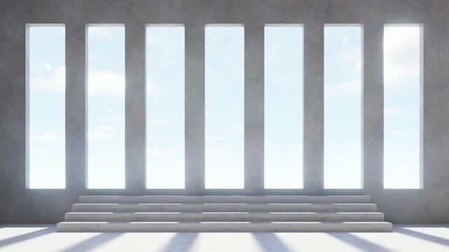 Minimal concrete interior with stairs leading to bright doorway and soft daylight, abstract architectural space symbolizing hope, freedom and new beginning, 3d rendering