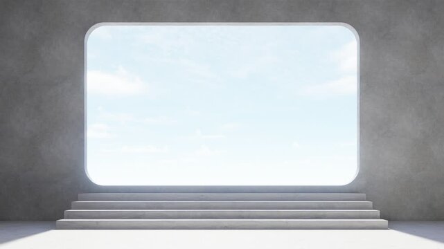 Minimal concrete interior with stairs leading to bright doorway and soft daylight, abstract architectural space symbolizing hope, freedom and new beginning, 3d rendering