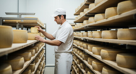 Artisan Cheese Maker Inspecting Product: A dedicated cheese maker, dressed in a pristine white uniform, carefully inspects rounds of artisanal cheese aging on wooden shelves.