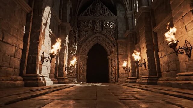 Mysterious Gothic Hallway with Torches and Ancient Architecture.