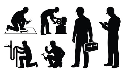 Mechanical repair workers silhouette set &ndash; hammering, machine service, gear work and blueprint reading