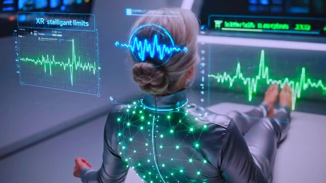 White woman undergoing biometric scan with glowing markers across body and ecg hud overlay, realtime sensor telemetry and wellness assessment in advanced medical monitoring chamber