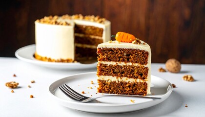 Delicious Slice of Layered Carrot Cake with Cream Cheese Frosting and Walnuts on a White Plate, Against a Dark Wood Background