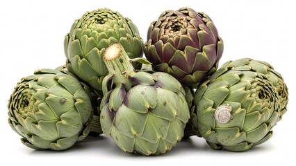 Fototapeta premium Close-up view of five fresh artichokes clustered on a surface, highlighting green and purple tones