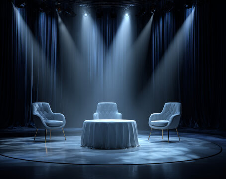 Blue stage with three plush armchairs and a round table illuminated by focused stage lighting in a theatrical setting