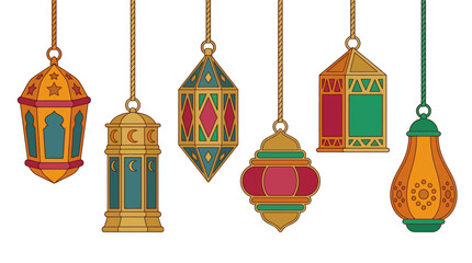 Obraz premium A collection of six ornate, colorful Islamic lanterns hanging from chains against a white background.